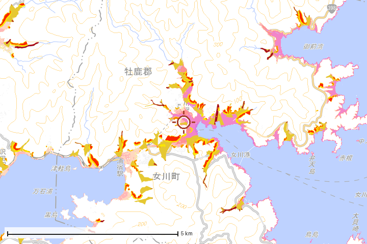 女川町周辺のハザード重ね図
