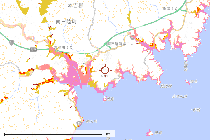 南三陸町周辺のハザード重ね図