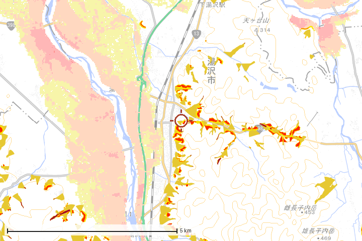 湯沢市周辺のハザード重ね図