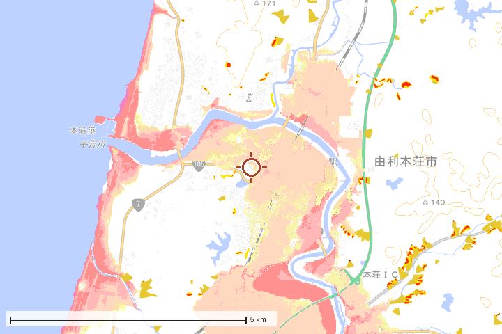 由利本荘市周辺のハザード重ね図