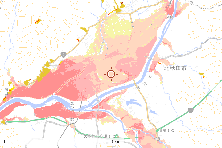 北秋田市周辺のハザード重ね図