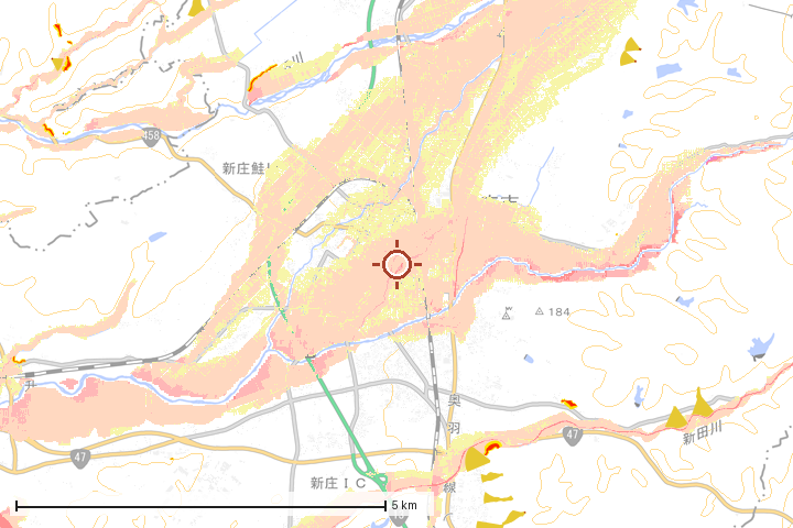 新庄市周辺のハザード重ね図
