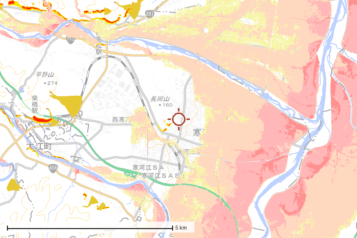 寒河江市周辺のハザード重ね図