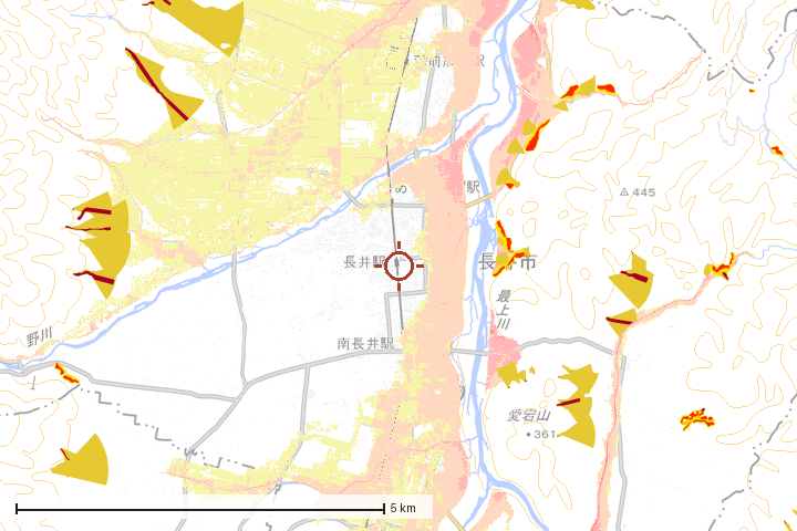 長井市周辺のハザード重ね図