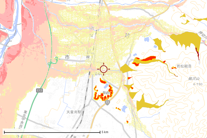 天童市周辺のハザード重ね図