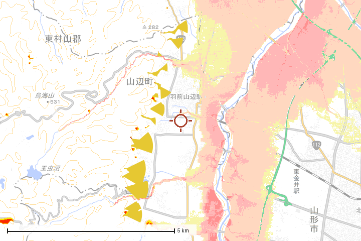 山辺町周辺のハザード重ね図