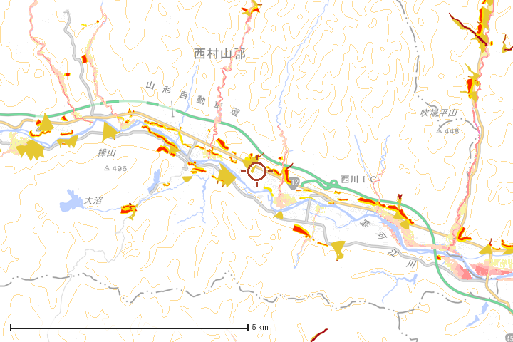 西川町周辺のハザード重ね図