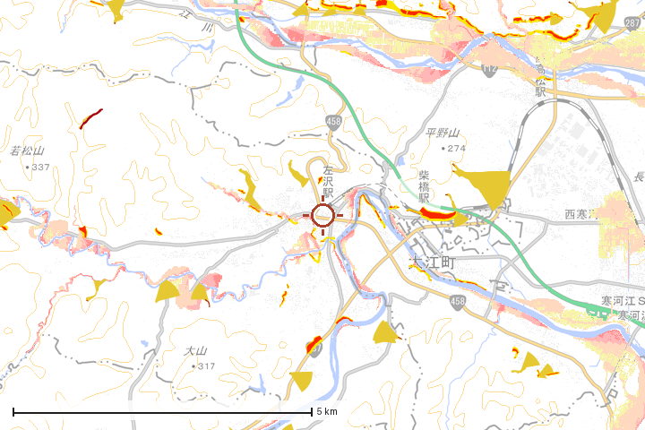 大江町周辺のハザード重ね図