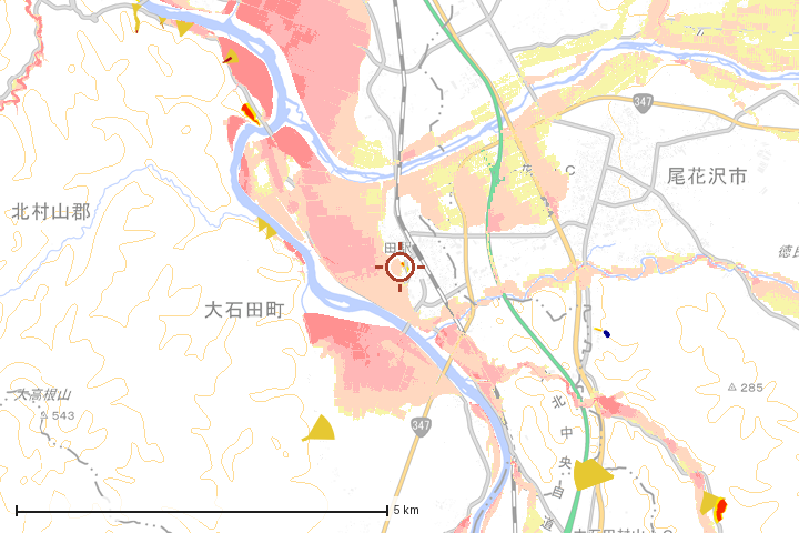 大石田町周辺のハザード重ね図