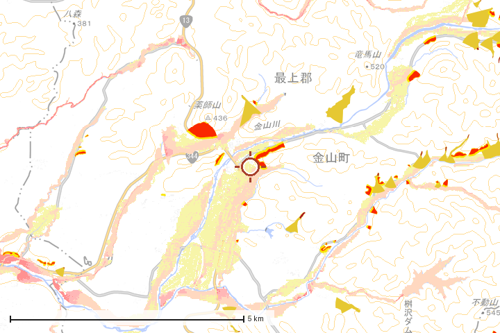 金山町周辺のハザード重ね図