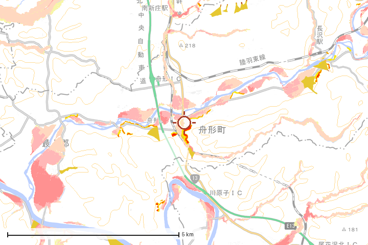 舟形町周辺のハザード重ね図