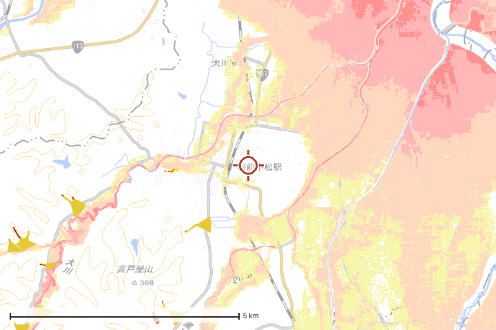川西町周辺のハザード重ね図