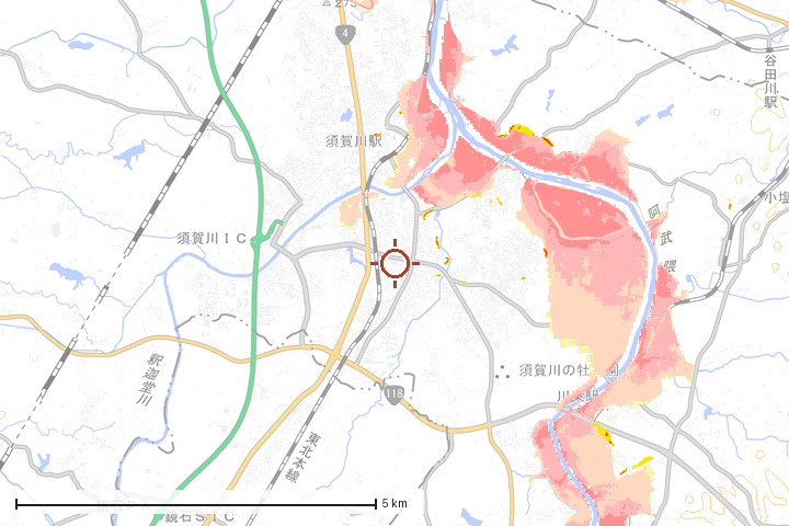 須賀川市周辺のハザード重ね図