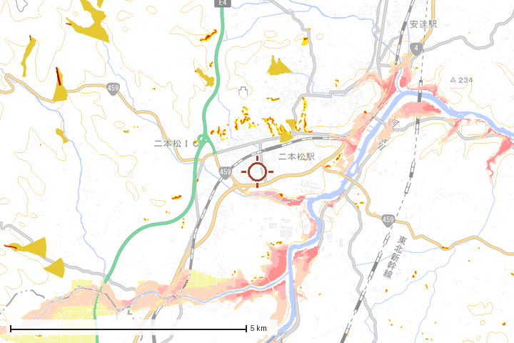 二本松市周辺のハザード重ね図