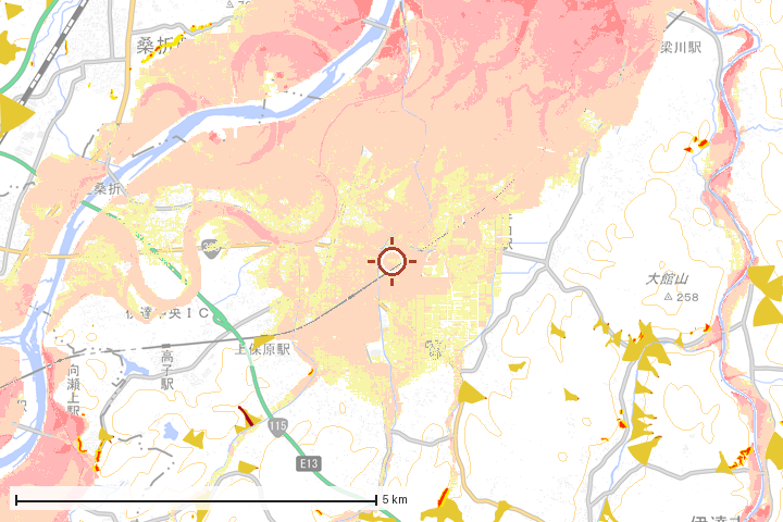 伊達市周辺のハザード重ね図