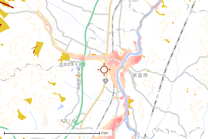 本宮市周辺のハザード重ね図