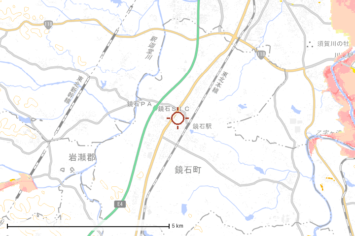 鏡石町周辺のハザード重ね図