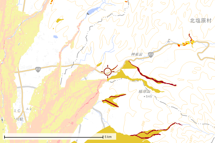 北塩原村周辺のハザード重ね図