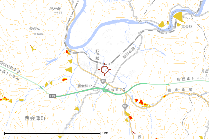 西会津町周辺のハザード重ね図