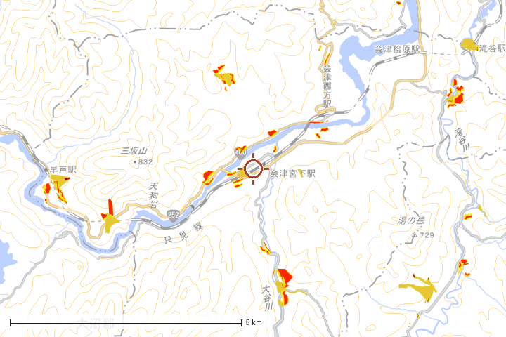 三島町周辺のハザード重ね図