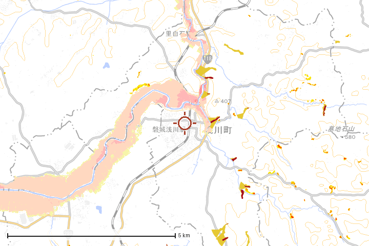 浅川町周辺のハザード重ね図