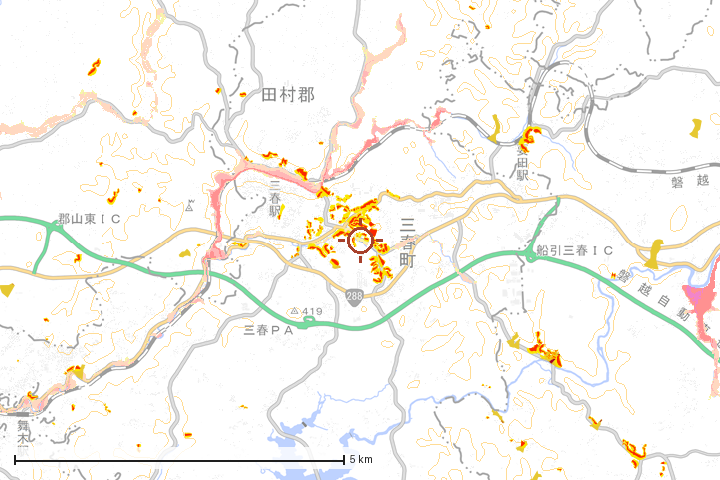 三春町周辺のハザード重ね図