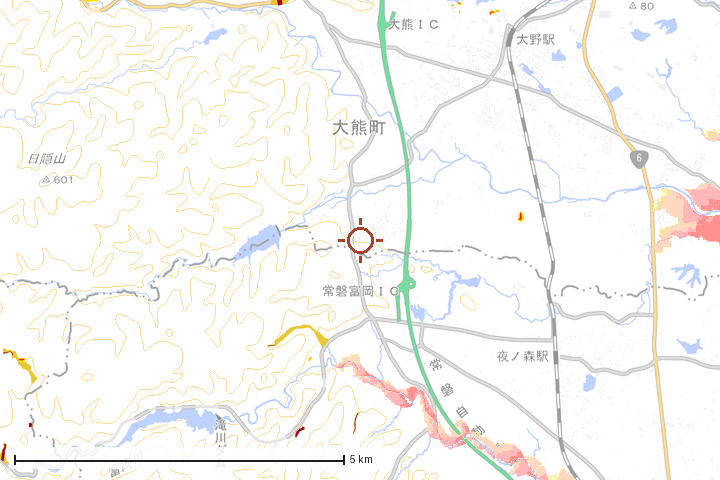 大熊町周辺のハザード重ね図