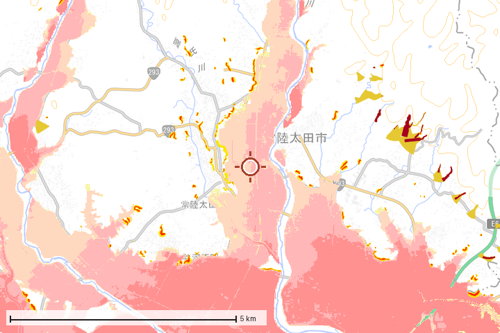 常陸太田市周辺のハザード重ね図