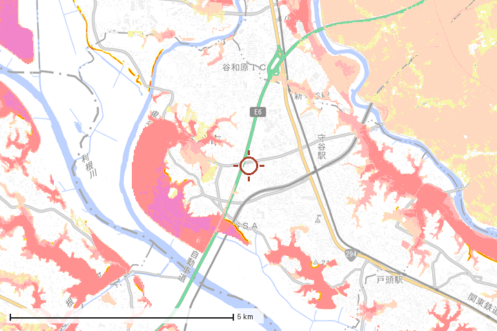守谷市周辺のハザード重ね図
