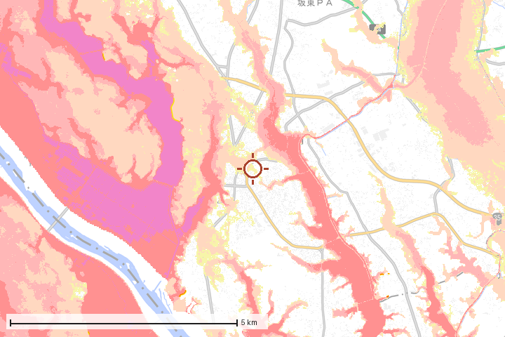 坂東市周辺のハザード重ね図