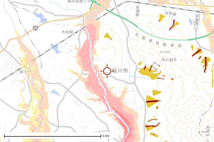 桜川市周辺のハザード重ね図