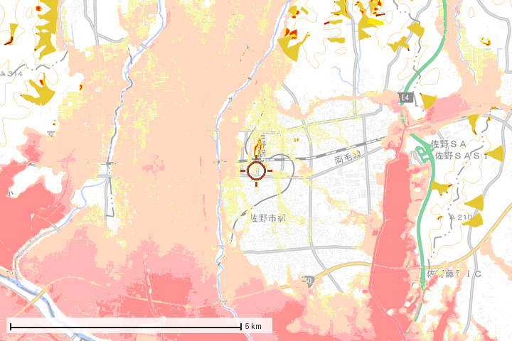 佐野市周辺のハザード重ね図
