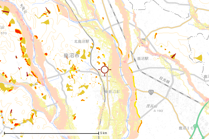 鹿沼市周辺のハザード重ね図