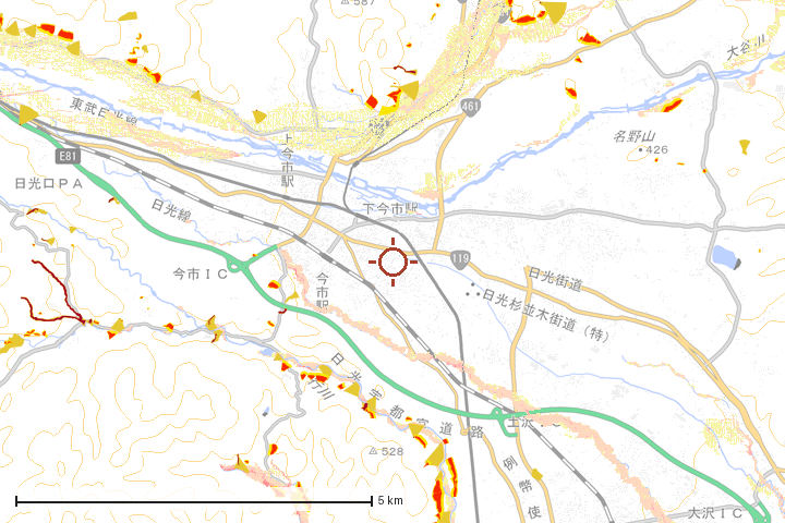 日光市周辺のハザード重ね図