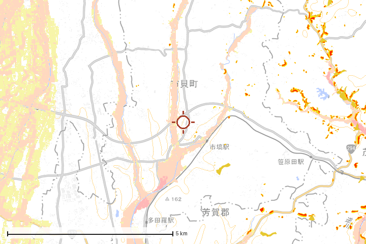市貝町周辺のハザード重ね図