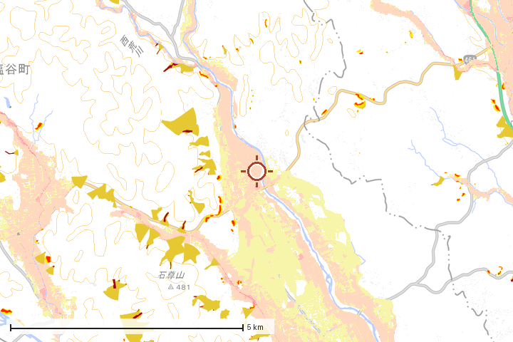 塩谷町周辺のハザード重ね図