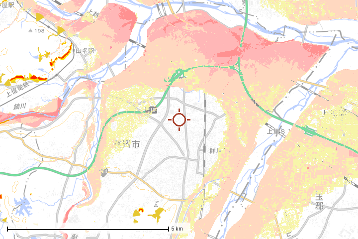 藤岡市周辺のハザード重ね図
