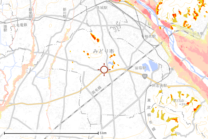 みどり市周辺のハザード重ね図
