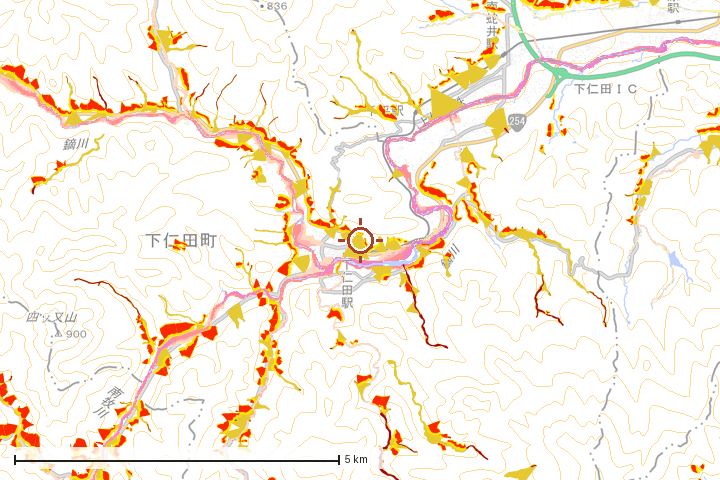 下仁田町周辺のハザード重ね図