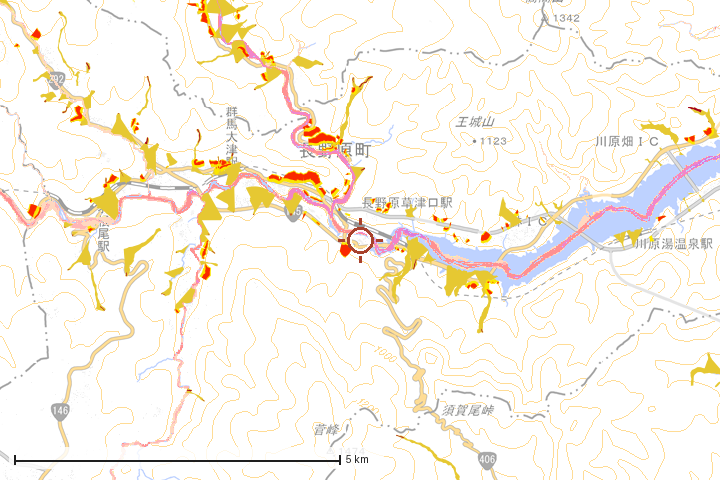 長野原町周辺のハザード重ね図
