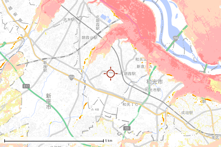 朝霞市周辺のハザード重ね図