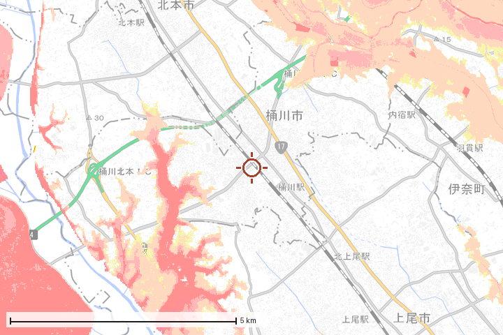桶川市周辺のハザード重ね図