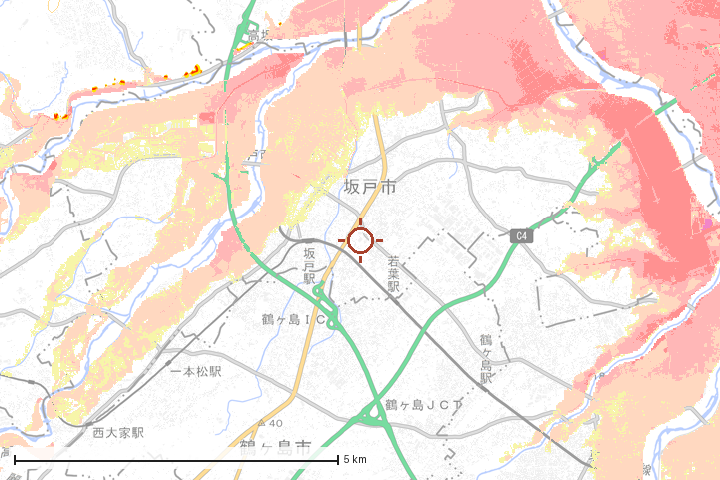 坂戸市周辺のハザード重ね図