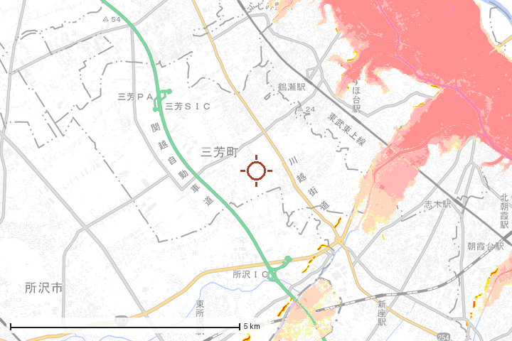 三芳町周辺のハザード重ね図