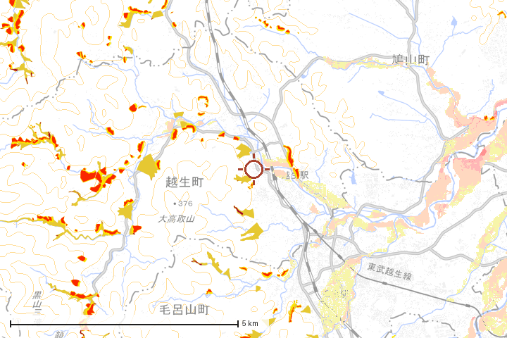 越生町周辺のハザード重ね図