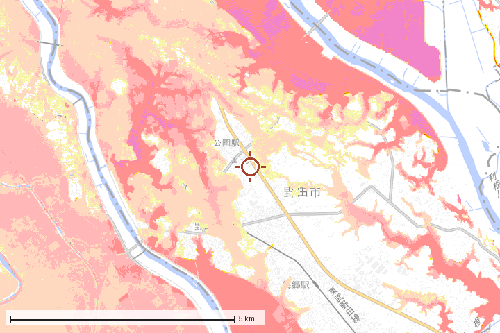 野田市周辺のハザード重ね図