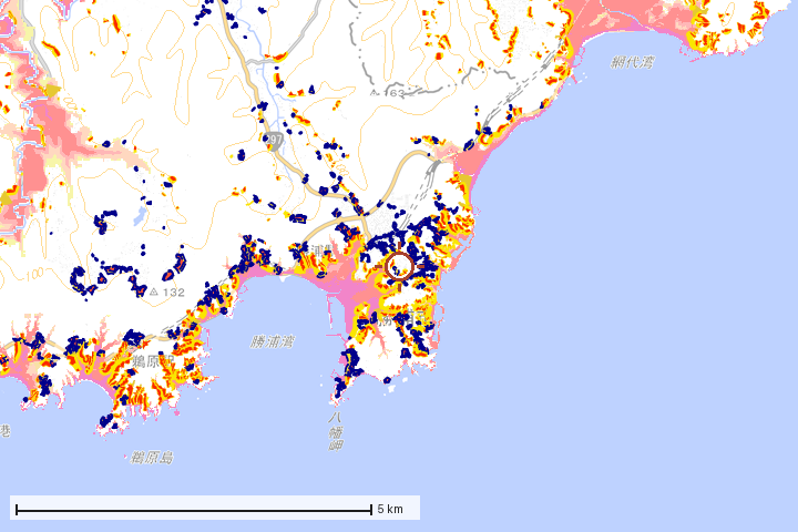 勝浦市周辺のハザード重ね図