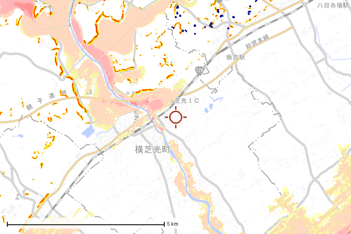 横芝光町周辺のハザード重ね図