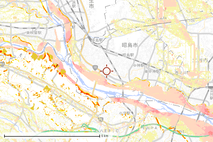 昭島市周辺のハザード重ね図