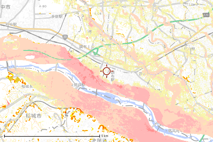 調布市周辺のハザード重ね図